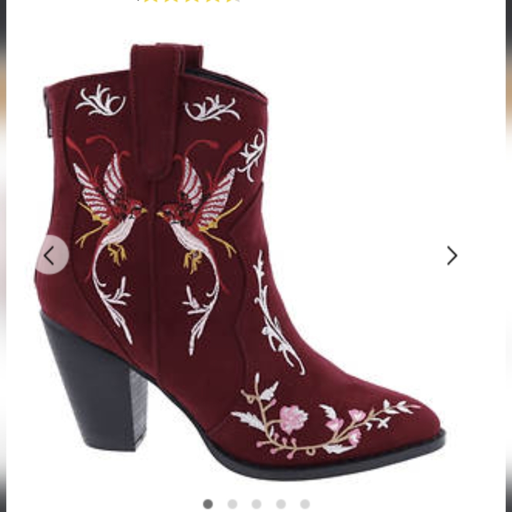 Penny loves Kenny red embroidered bird boots